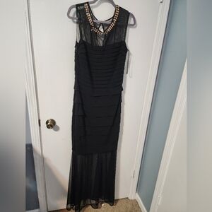 Chic Black Mesh Maxi Dress with Beaded Neckline